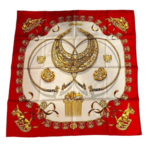 Hermes Carre Les Cavaliers D'Or Golden Horsemen Vintage 90cm Red Silk Scarf - Picture 1 of 4